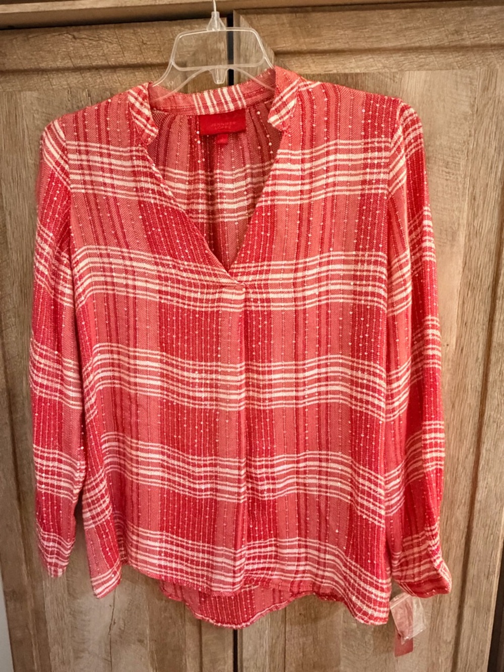 Jennifer Lopez Large Red White Plaid sparkle V-neck LS Popover Blouse NWT